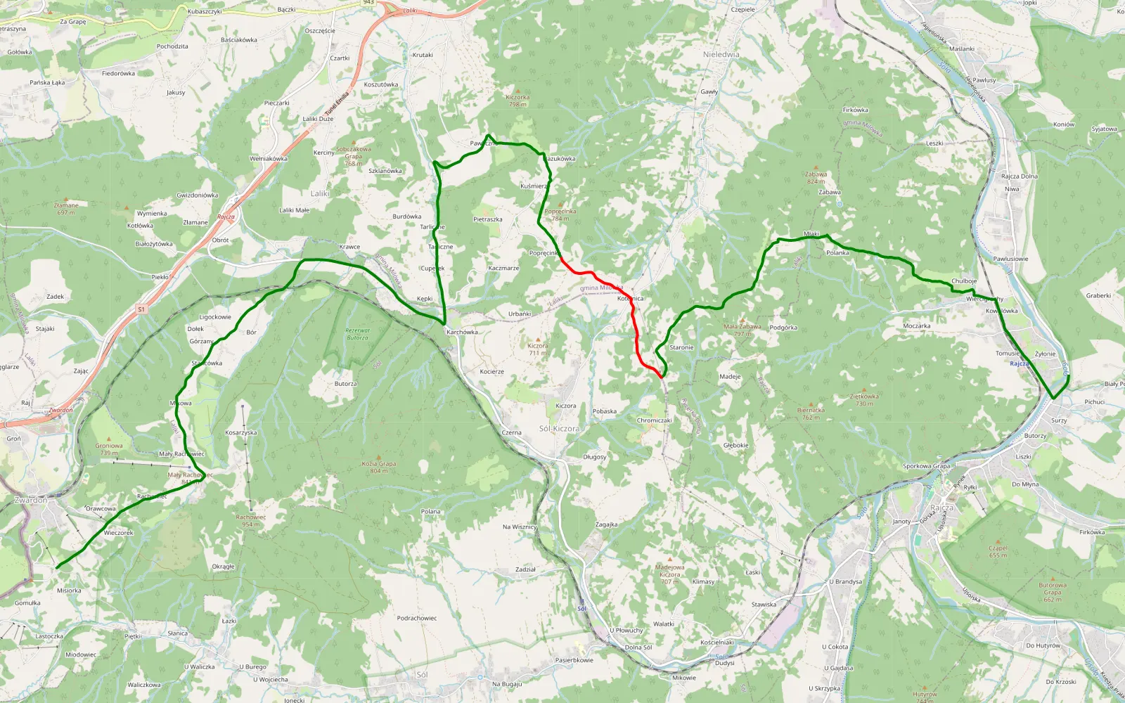 Map of Zwardoń - Rajcza - 7.1 km offroad trail, Żywiec County
