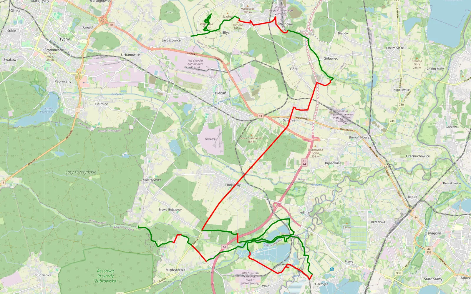 Mapa trasy Bojszowy Nowe - Urbanowice - 44.8 km trasy offroad, Powiat Bieruńsko-lędziński