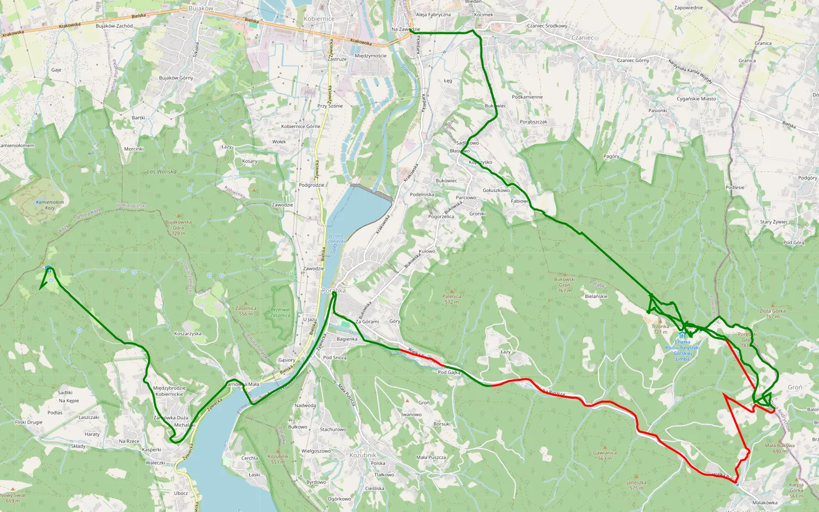 Map of Kobiernice - Kozy Górne - 16.7 km offroad trail, Bielsko County