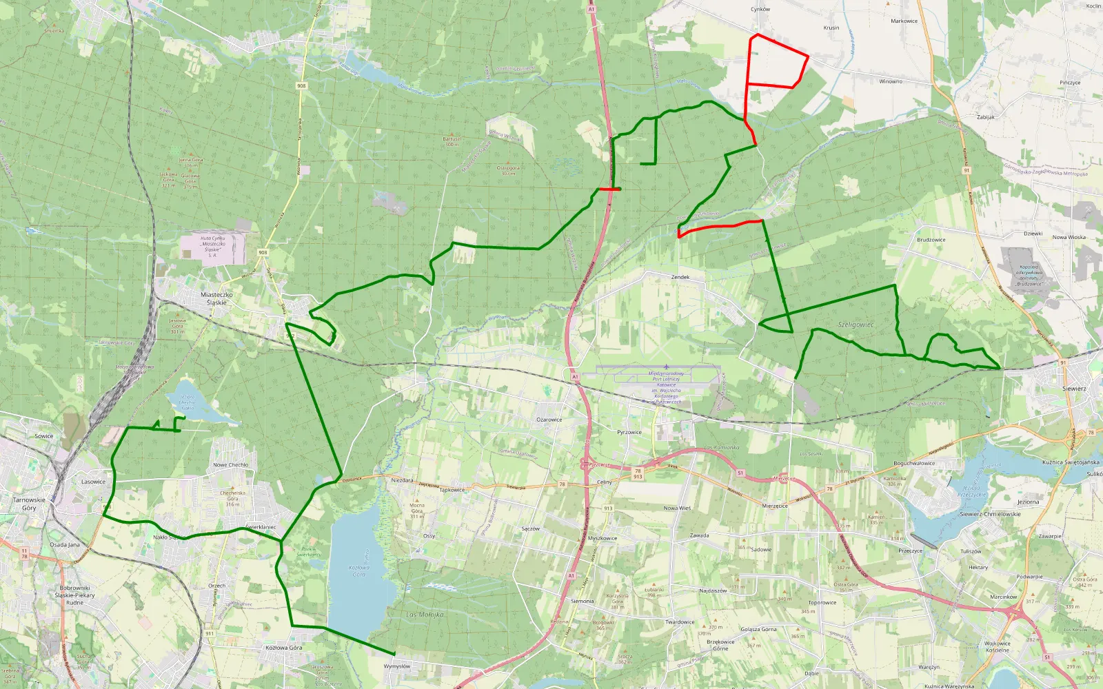 Mapa trasy Zadzień - Nowe Chechło - 45.4 km trasy offroad, Powiat Będziński