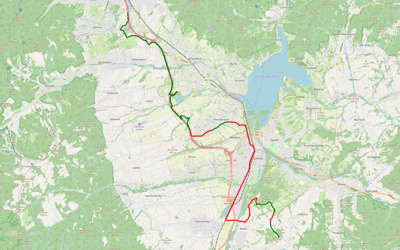 Mapa trasy Bór Łodygowski - Juszczyna - 20.1 km trasy offroad, Powiat Żywiecki