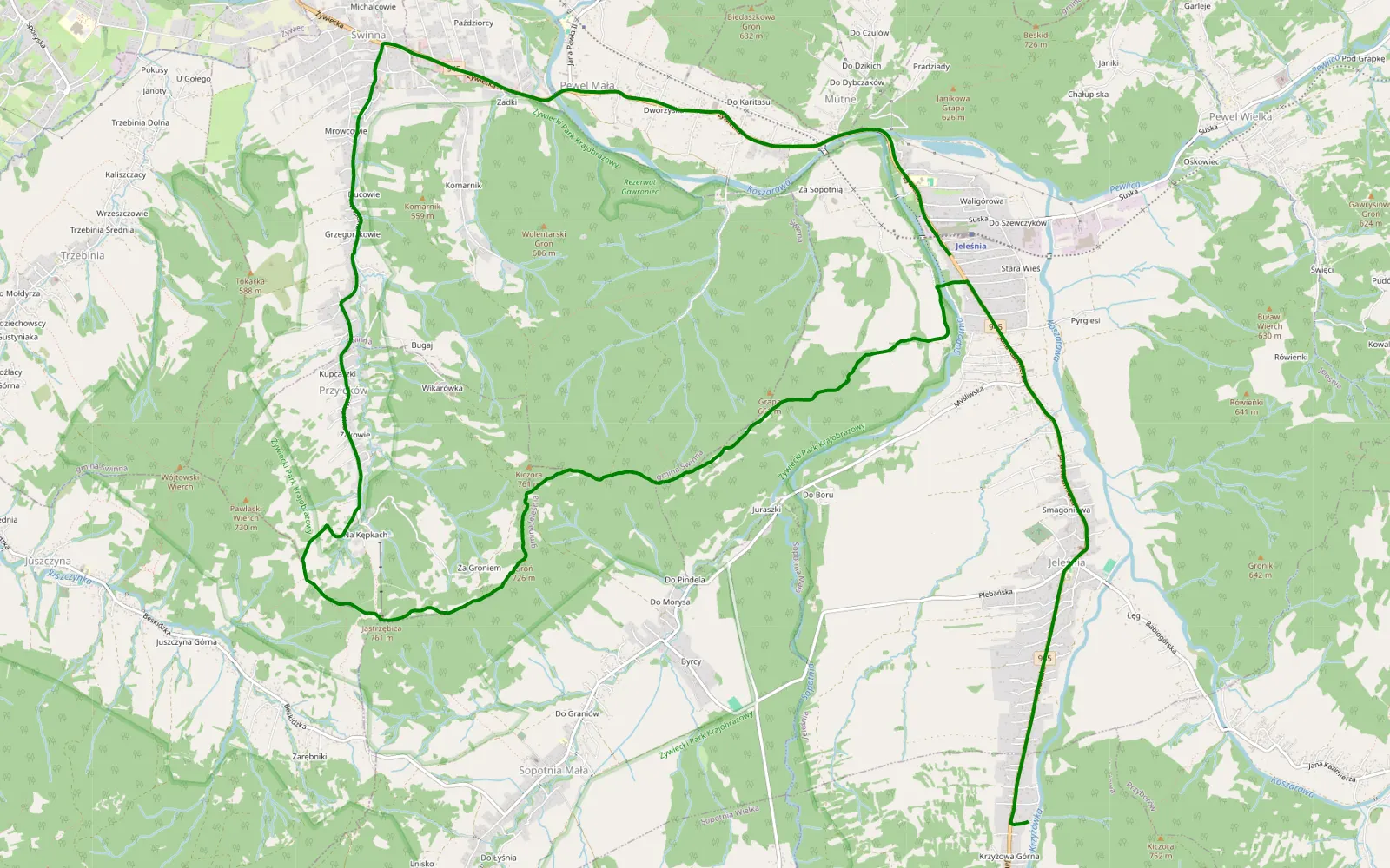 Map of Kolonia - Sumery - 7.6 km offroad trail, Żywiec County