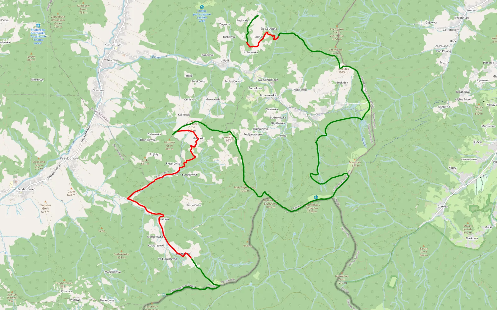 Mapa trasy Głuchaczki - Bystra - 22.3 km trasy offroad, Powiat Żywiecki