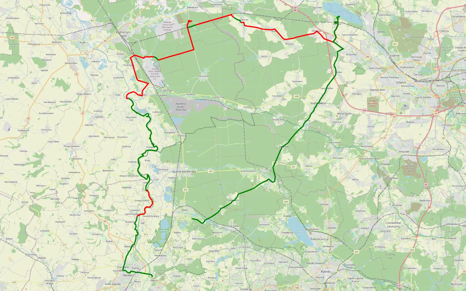 Mapa trasy Dębicz - Brzeźnica - 74 km trasy offroad, Powiat Kędzierzyńsko-kozielski