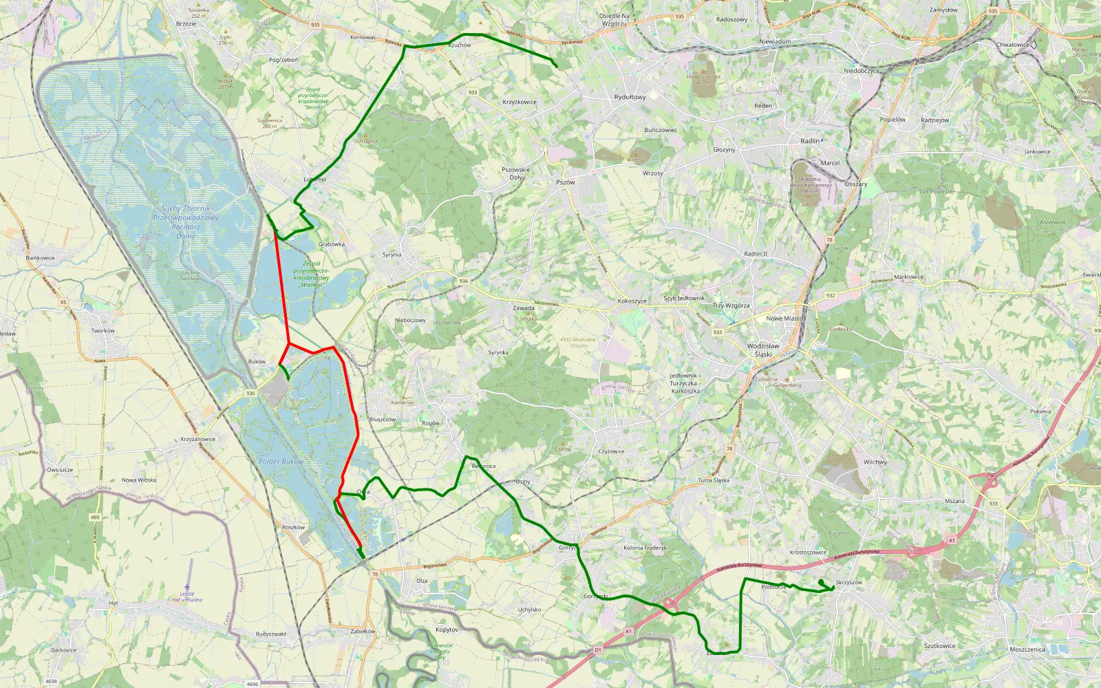Map of Skrzyszów - Krzyżkowice - 14.7 km offroad trail, Wodzisław County