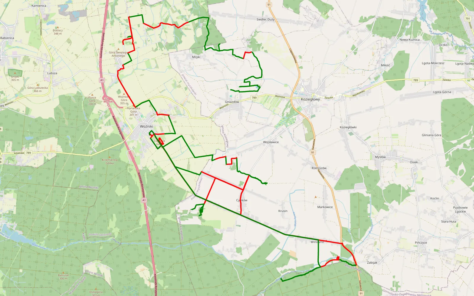 Mapa trasy Gniazdów - Wożniki - 75.8 km trasy offroad, Powiat Myszkowski