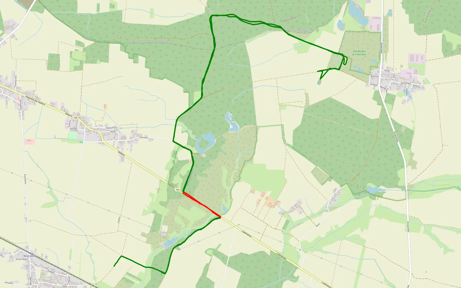 Map of Rusinowice - 16 km offroad trail, Lubliniec County