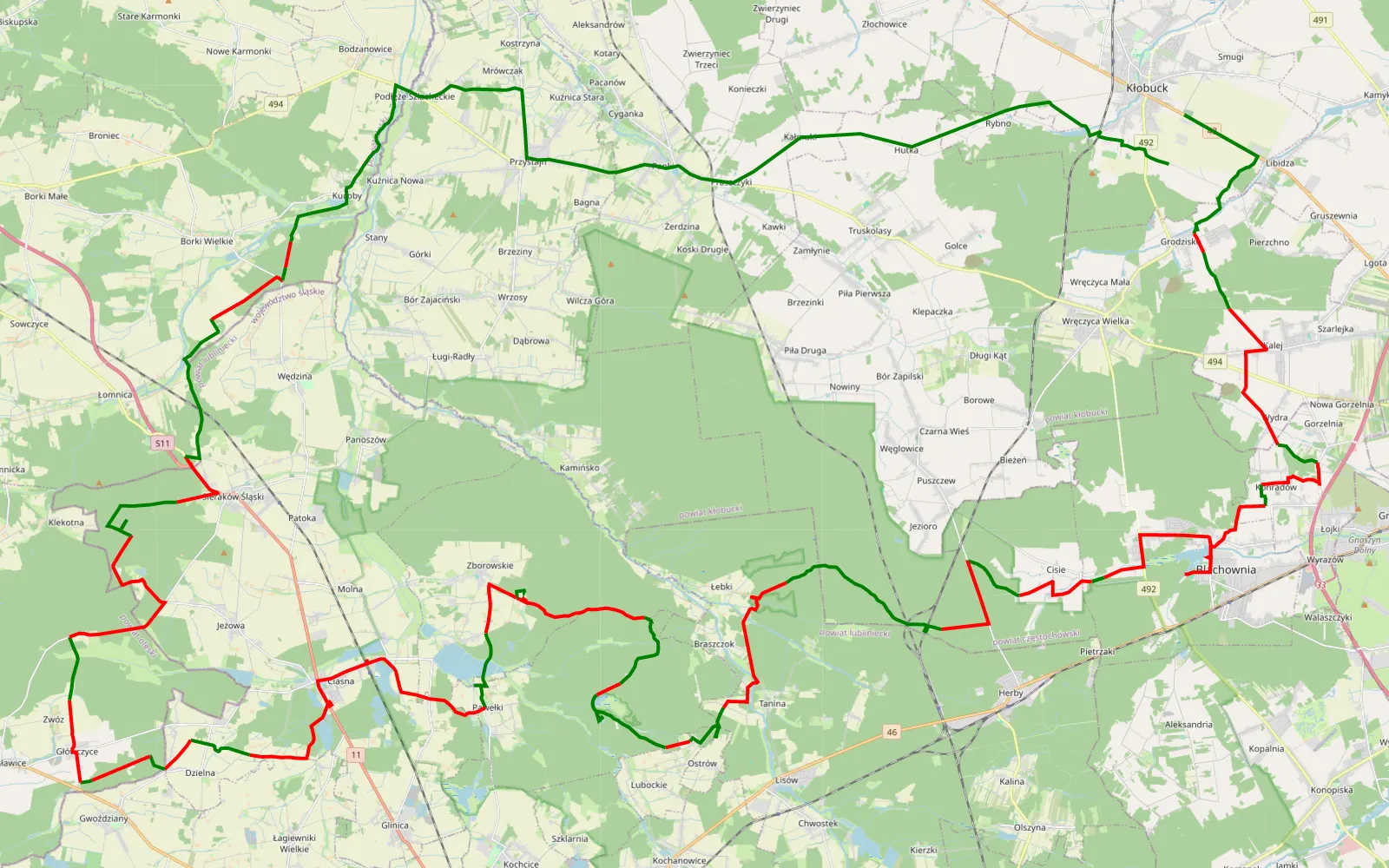 Map of Kłobuck - Niwa - 105 km offroad trail, Lubliniec County