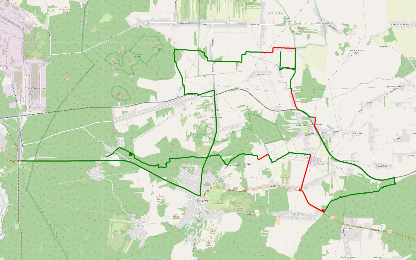 Mapa trasy Skrajnica - Lasy - Piaskownica - Jeziorko - pola - lasy - 3 godziny. - 29.1 km trasy offroad, Powiat Częstochowski