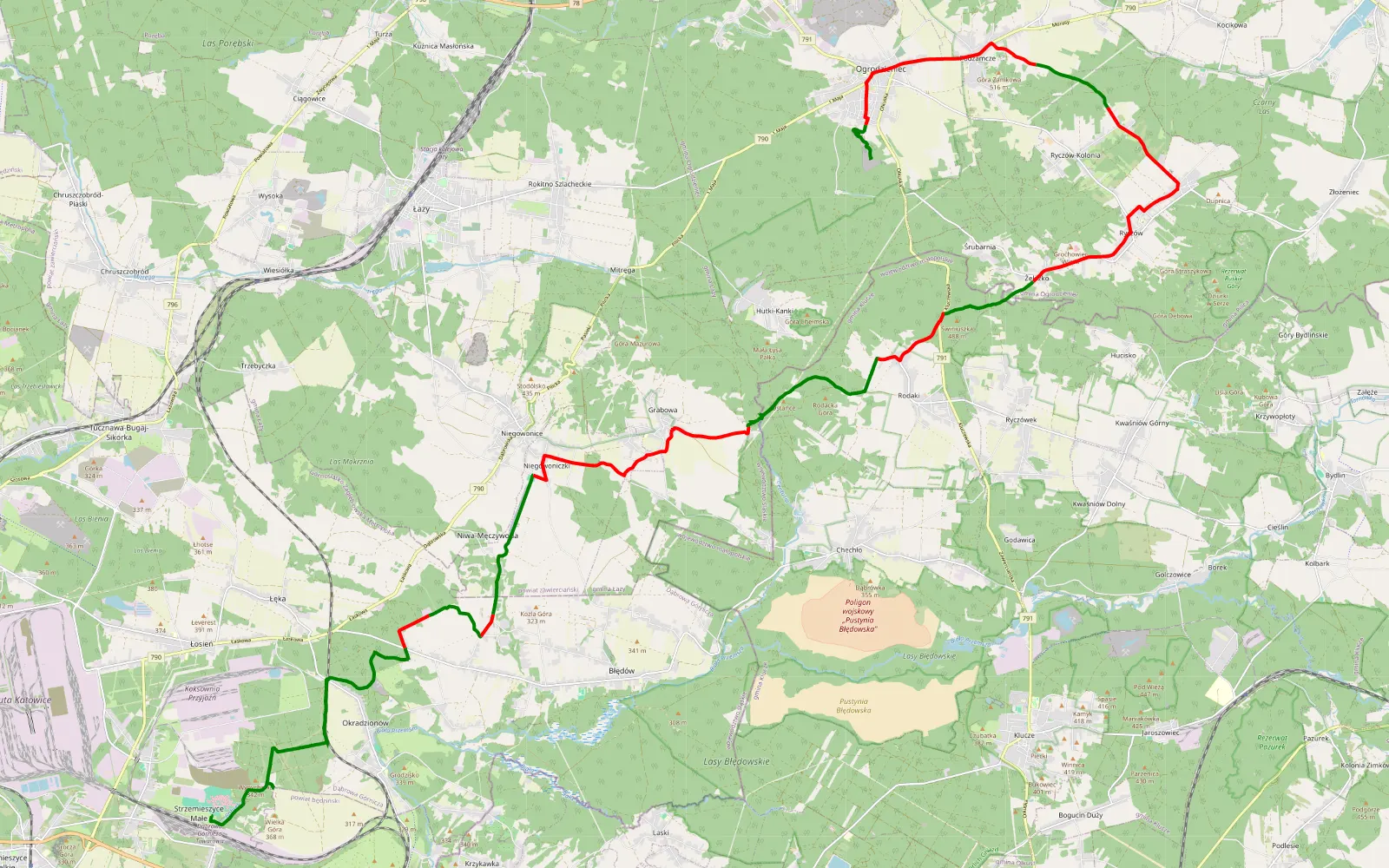Mapa trasy Tor Motocros Dąbrowa- ogrodzieniec - 40.8 km trasy offroad, Powiat Zawierciański