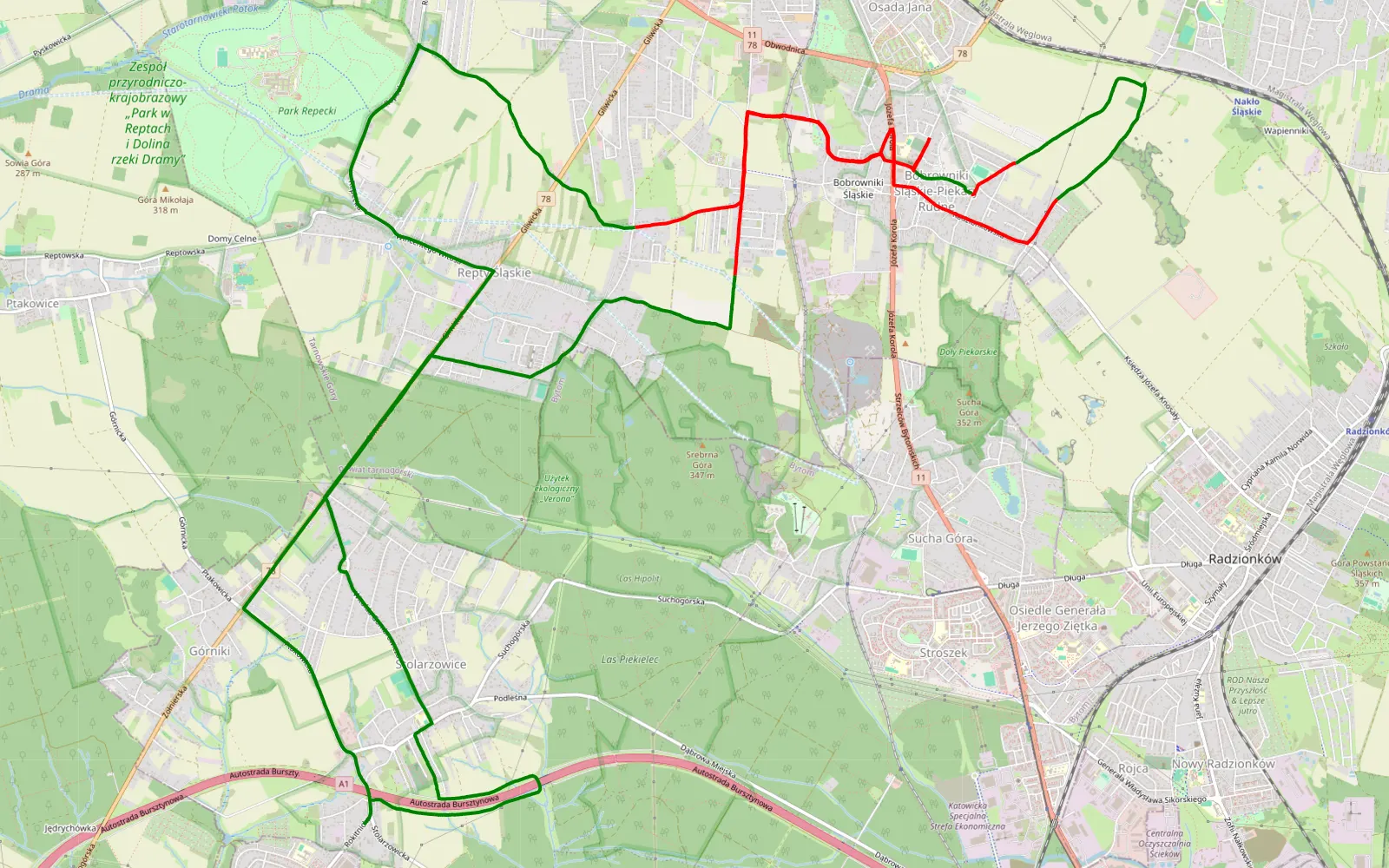 Mapa trasy Górniki Tarnowskie Góry Górniki - 13.7 km trasy offroad, Powiat Tarnogórski