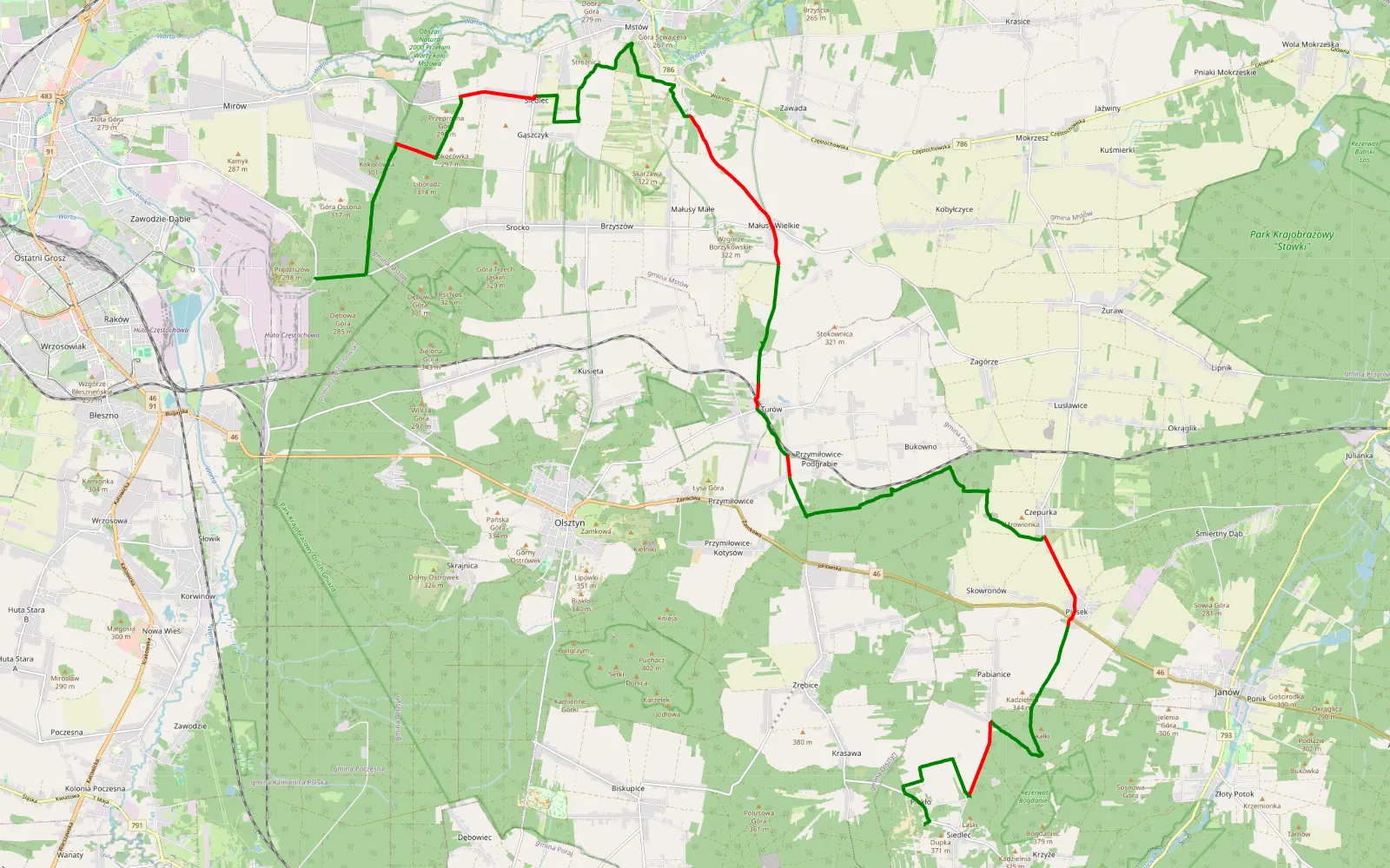 Mapa trasy pustynia Siedlecka-Offroad Park - 33.9 km trasy offroad, Powiat Częstochowski