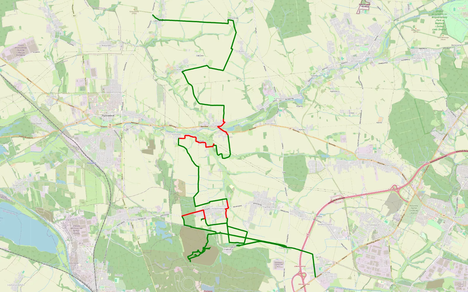 Map of Czekanów - Łubie - 34.1 km offroad trail, Tarnowskie Góry County