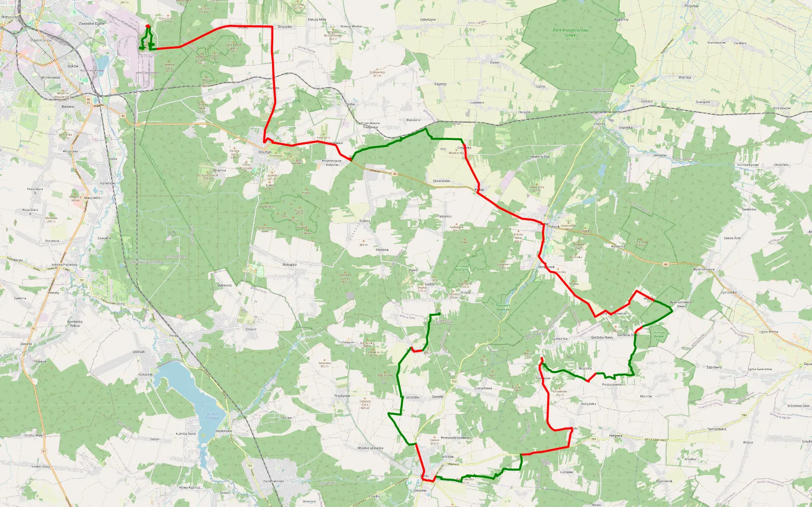 Mapa trasy Azymut 4x4 piaskiem i błotem - 71 km trasy offroad, Powiat Częstochowski