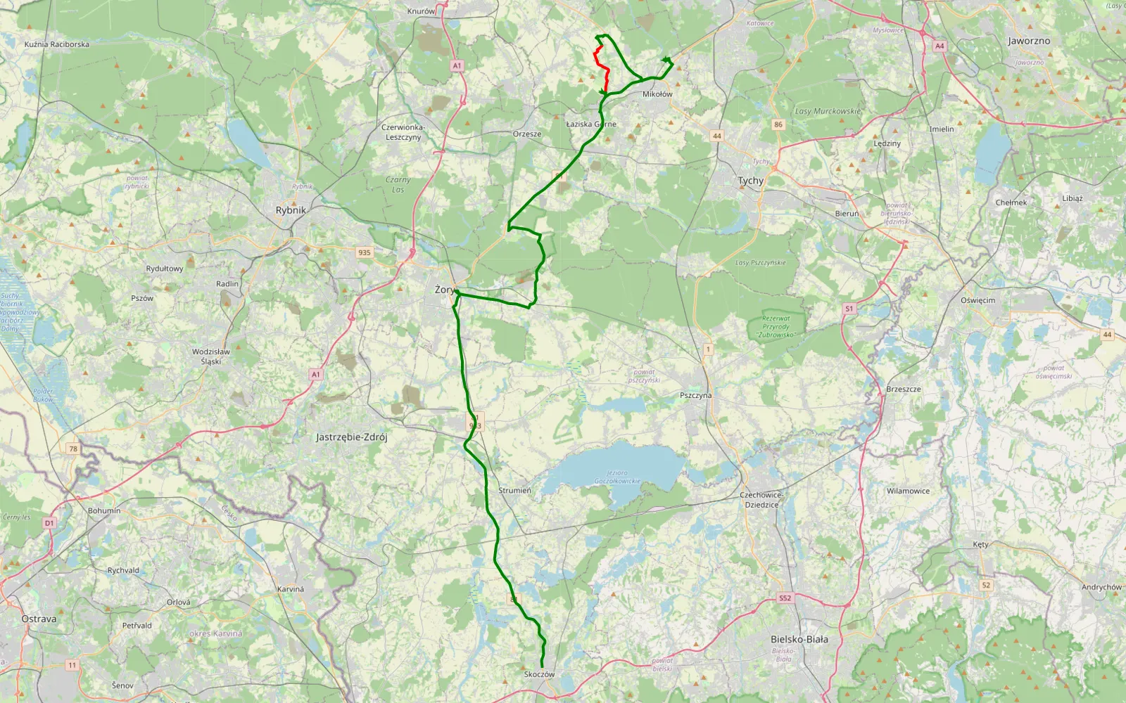 Map of Mokre - Skoczów - 6.1 km offroad trail, Mikołów County