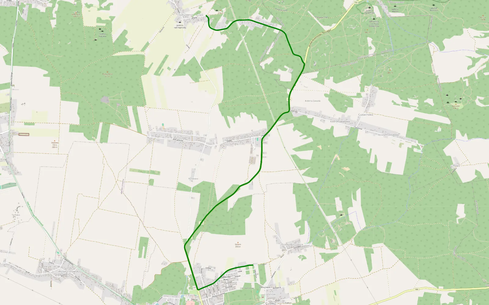 Mapa trasy Suliszowice - Leśniów - 0.3 km trasy offroad, Powiat Myszkowski