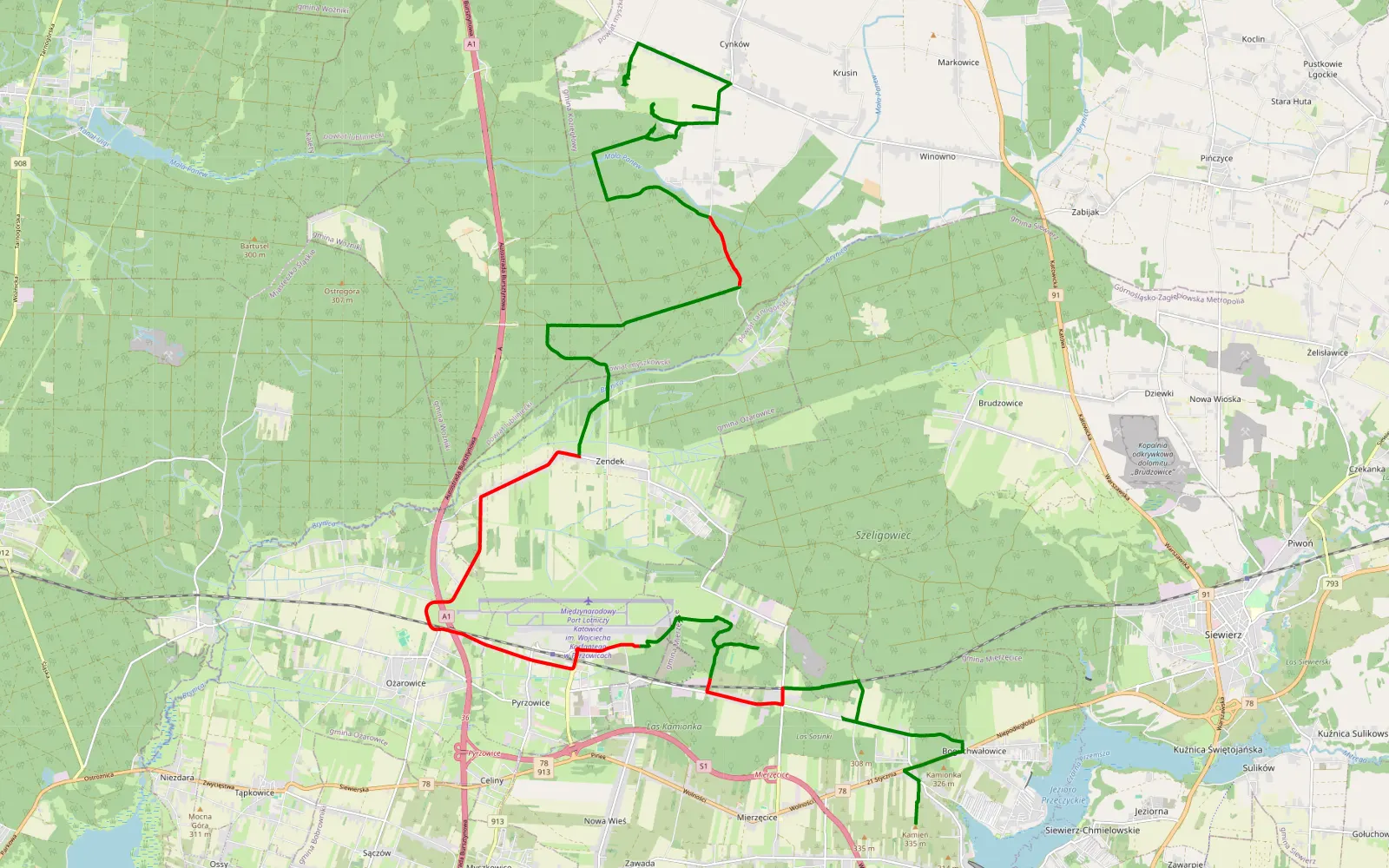 Mapa trasy Zakamień - Graniczna - 29 km trasy offroad, Powiat Myszkowski