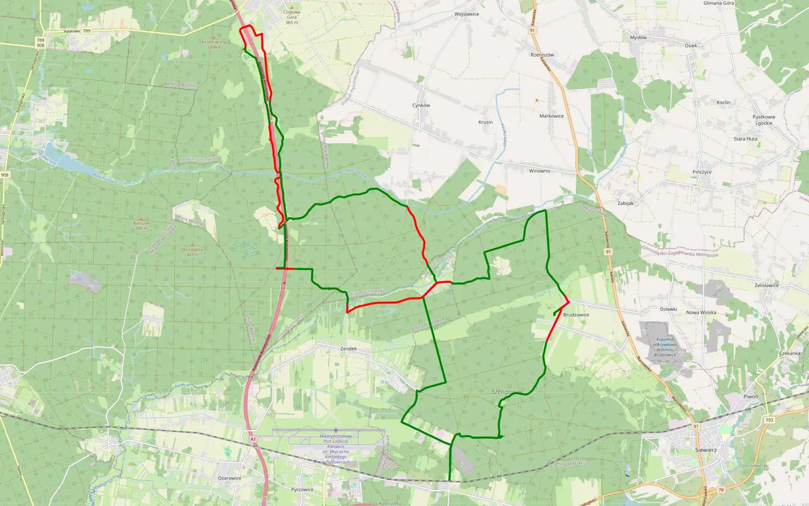 Mapa trasy Niwiska - Zadzień - 45.2 km trasy offroad, Powiat Będziński