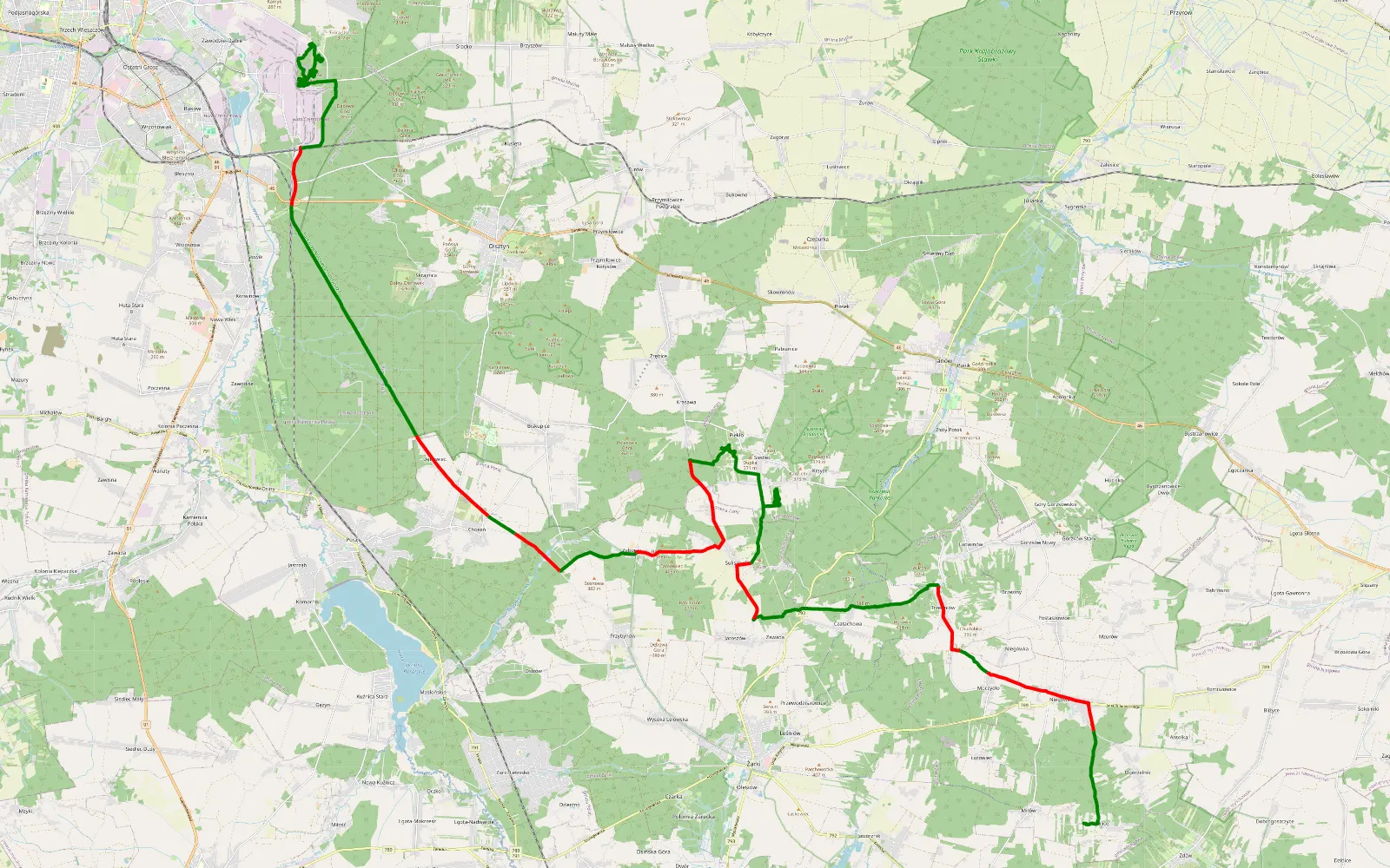 Map of Bobolice - Kucelin - 52.7 km offroad trail, Myszków County