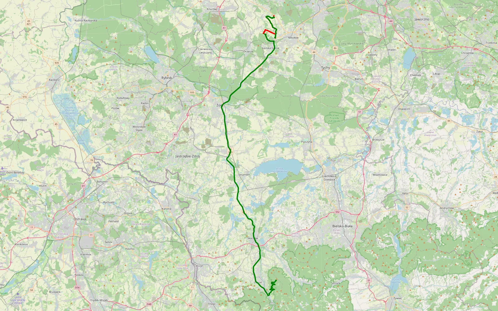 Map of Ustroń-Mikołów - 14.1 km offroad trail, Mikołów County