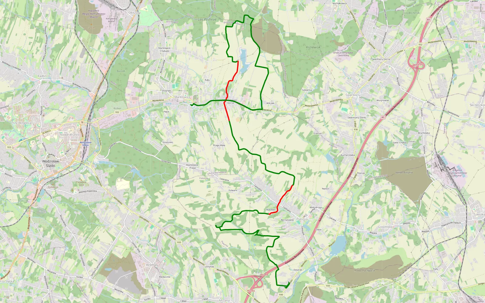 Map of Mszana - Markłowice - 13.9 km offroad trail, Wodzisław County