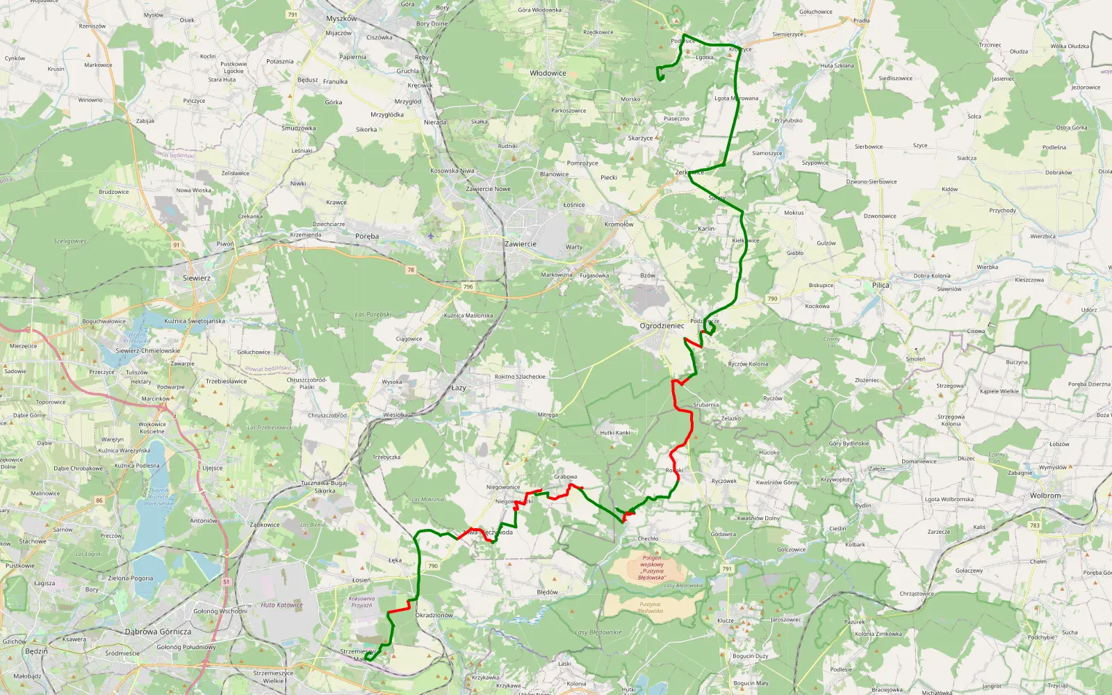 Mapa trasy Strzemieszyce Małe - Podlesice - 42.1 km trasy offroad, Powiat Zawierciański