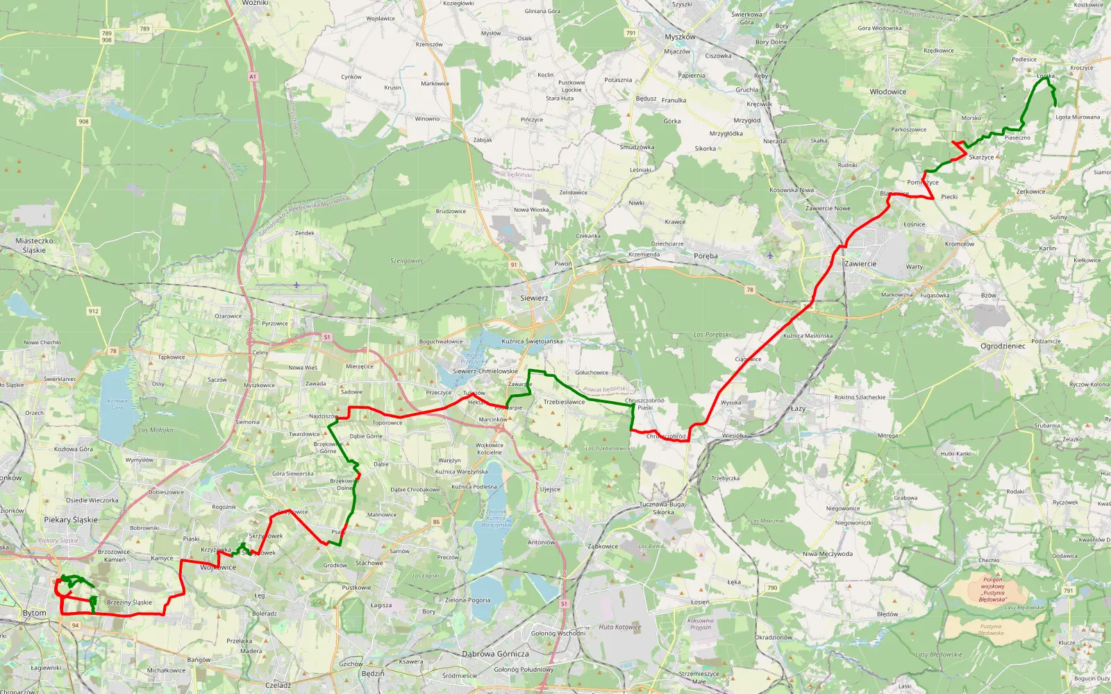 Map of Lgota Murowana - Biały Szarlej - 94.1 km offroad trail, Zawiercie County
