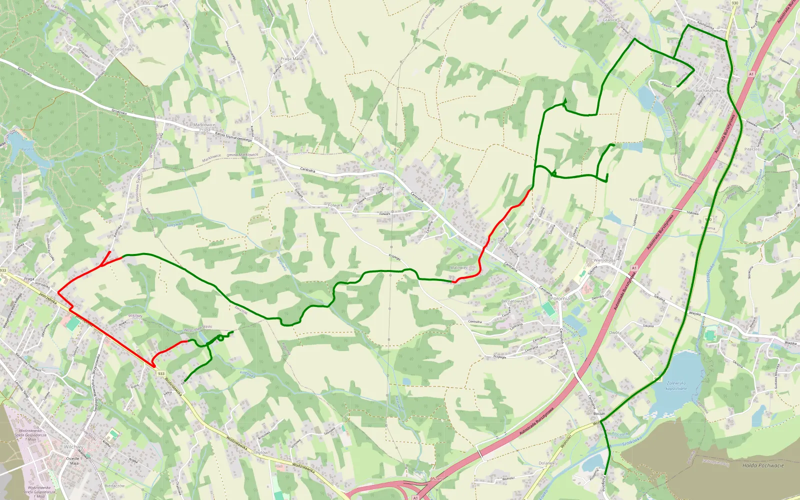 Map of Wilchwa - Połomia - 11.9 km offroad trail, Wodzisław County