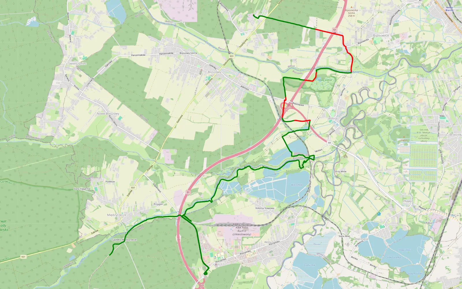 Mapa trasy Przyręb - Kolonia Bieruń Stary - 14.6 km trasy offroad, Powiat Bieruńsko-lędziński