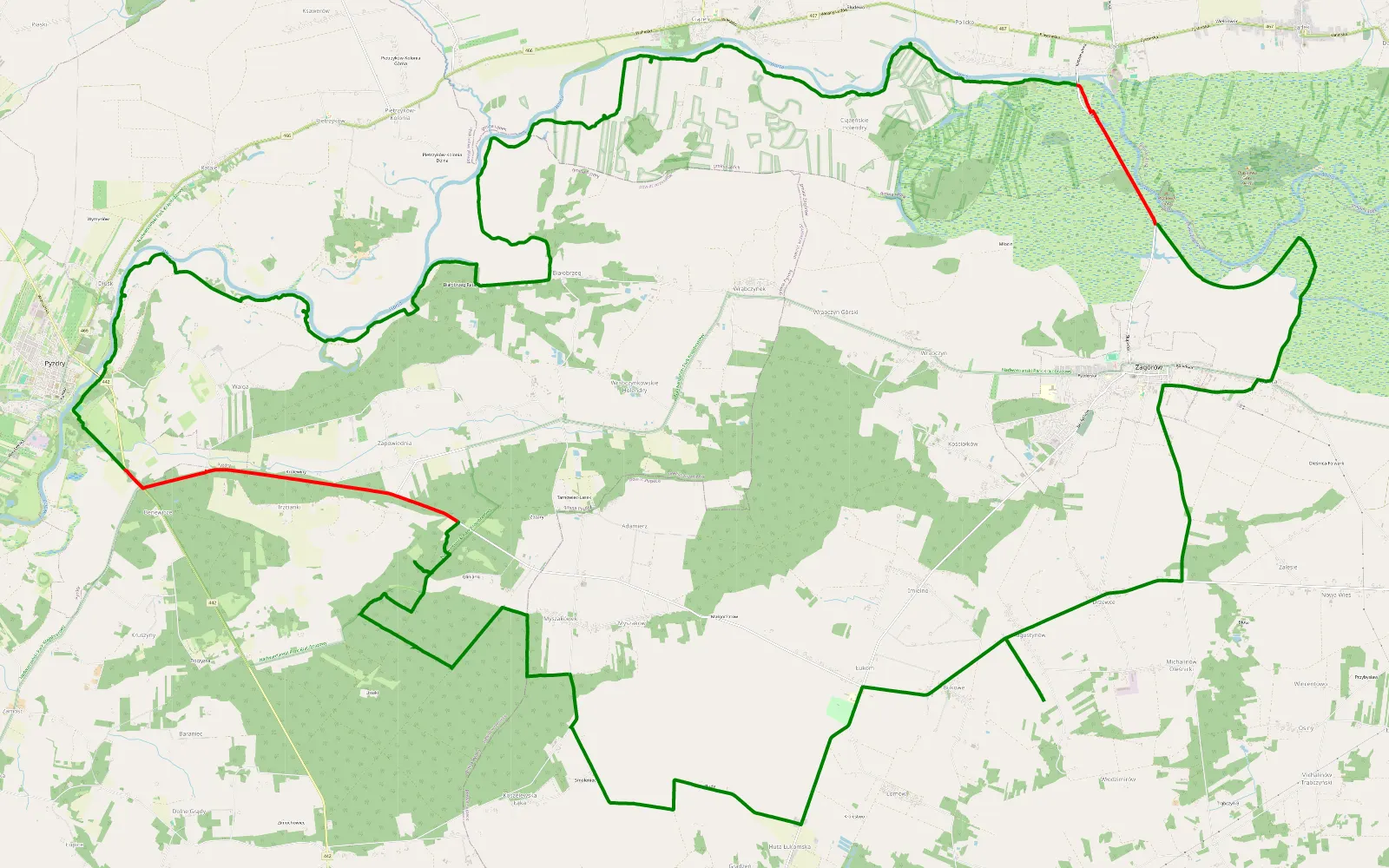 Map of Dolina Warty Pyzdry - Ląd - 42.6 km offroad trail, Września County