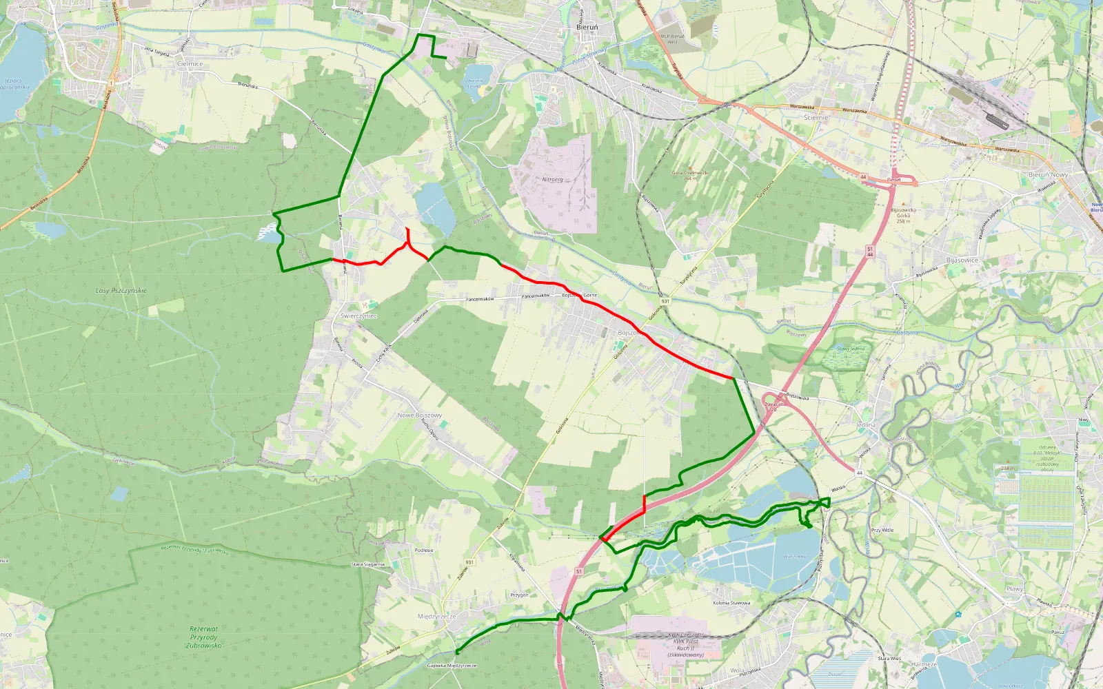 Mapa trasy Przyręb - Bieruń - 22.4 km trasy offroad, Powiat Bieruńsko-lędziński