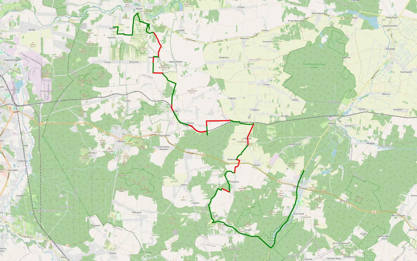 Mapa trasy Siedlec Mirowski - Ponik - 31 km trasy offroad, Powiat Częstochowski