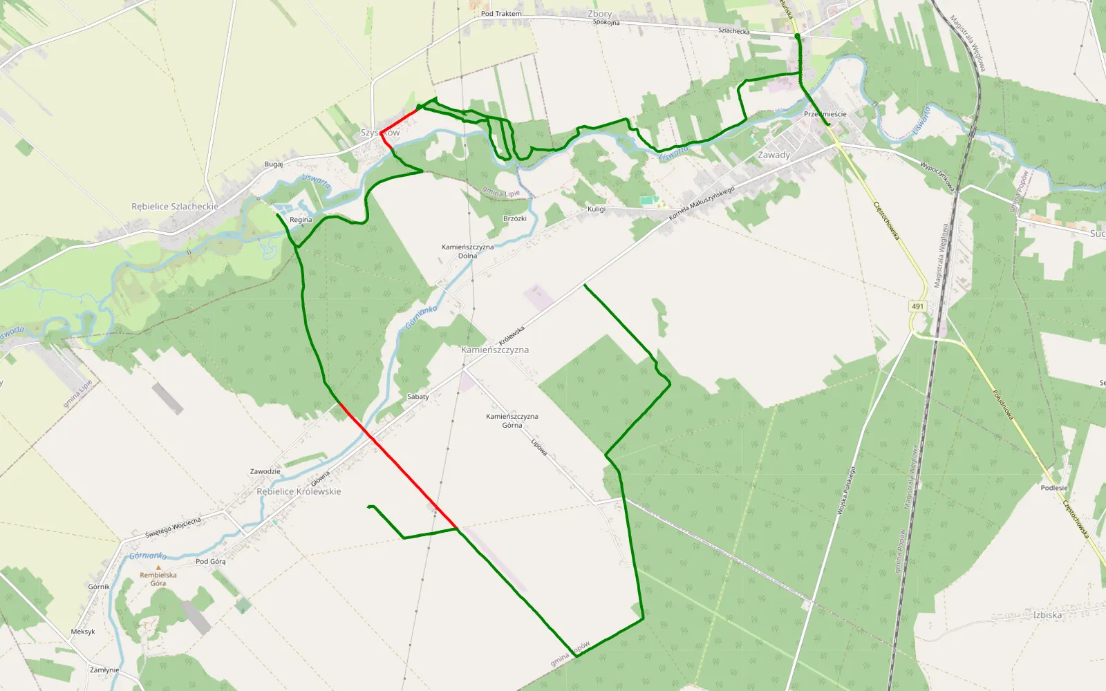 Map of Zawady - 20.6 km offroad trail, Kłobuck County