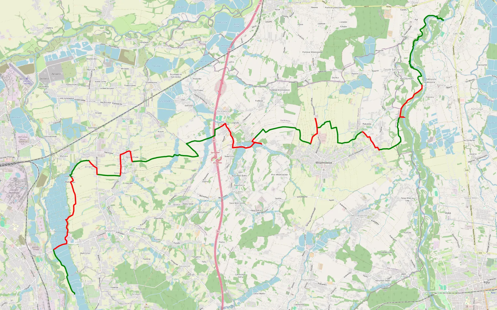 Mapa trasy Okolice rzeki Pszczynki - 28.4 km trasy offroad, Powiat Bielski