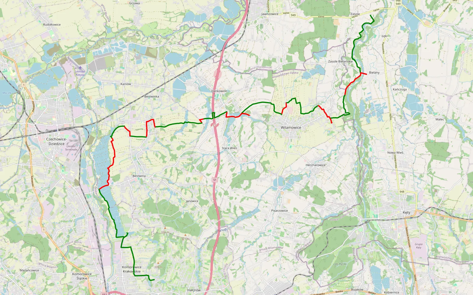 Mapa trasy Zabawa - Łęki - 27.9 km trasy offroad, Powiat Bielski