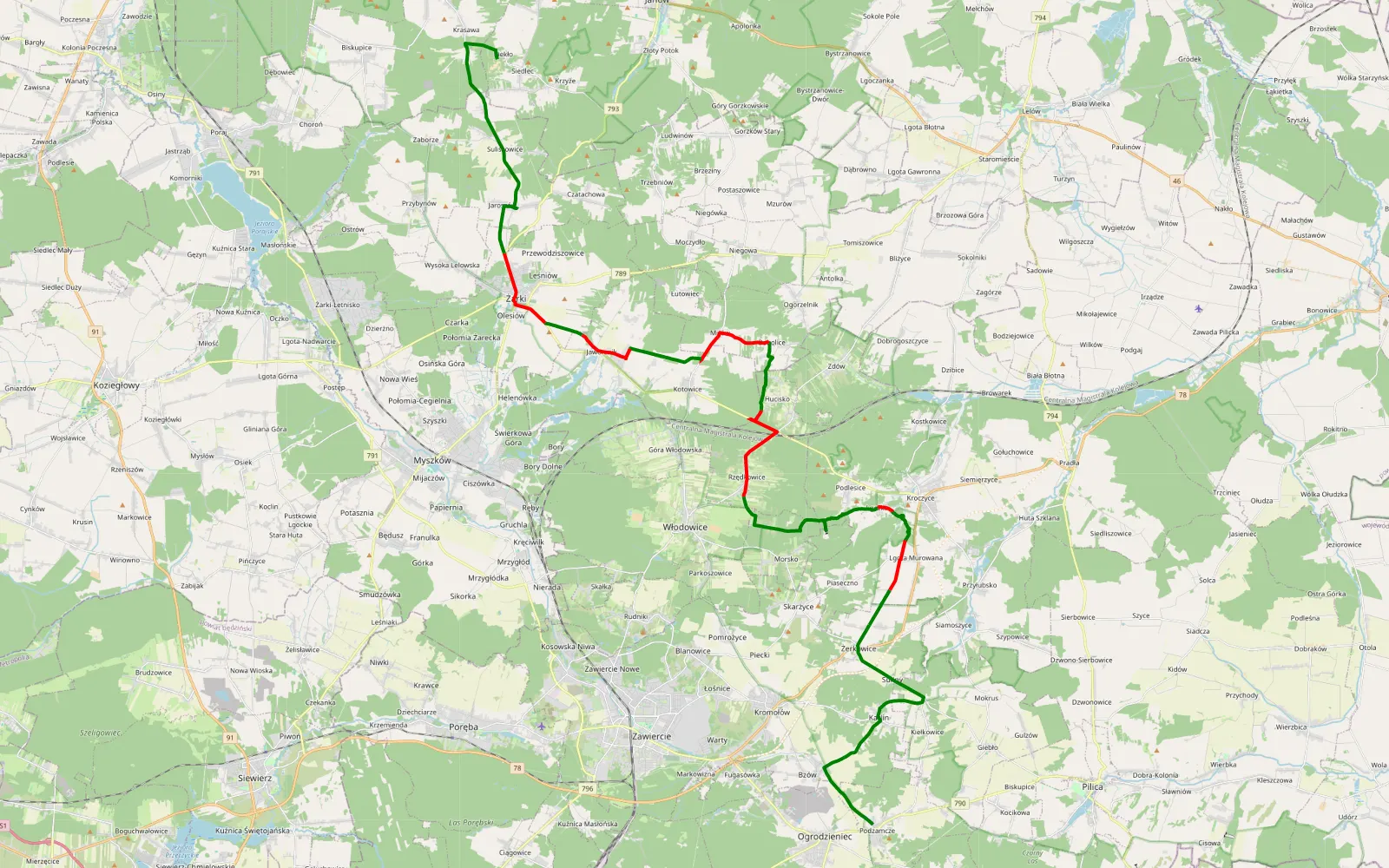 Mapa trasy Podzamcze - Siedlec - 34.5 km trasy offroad, Powiat Zawierciański