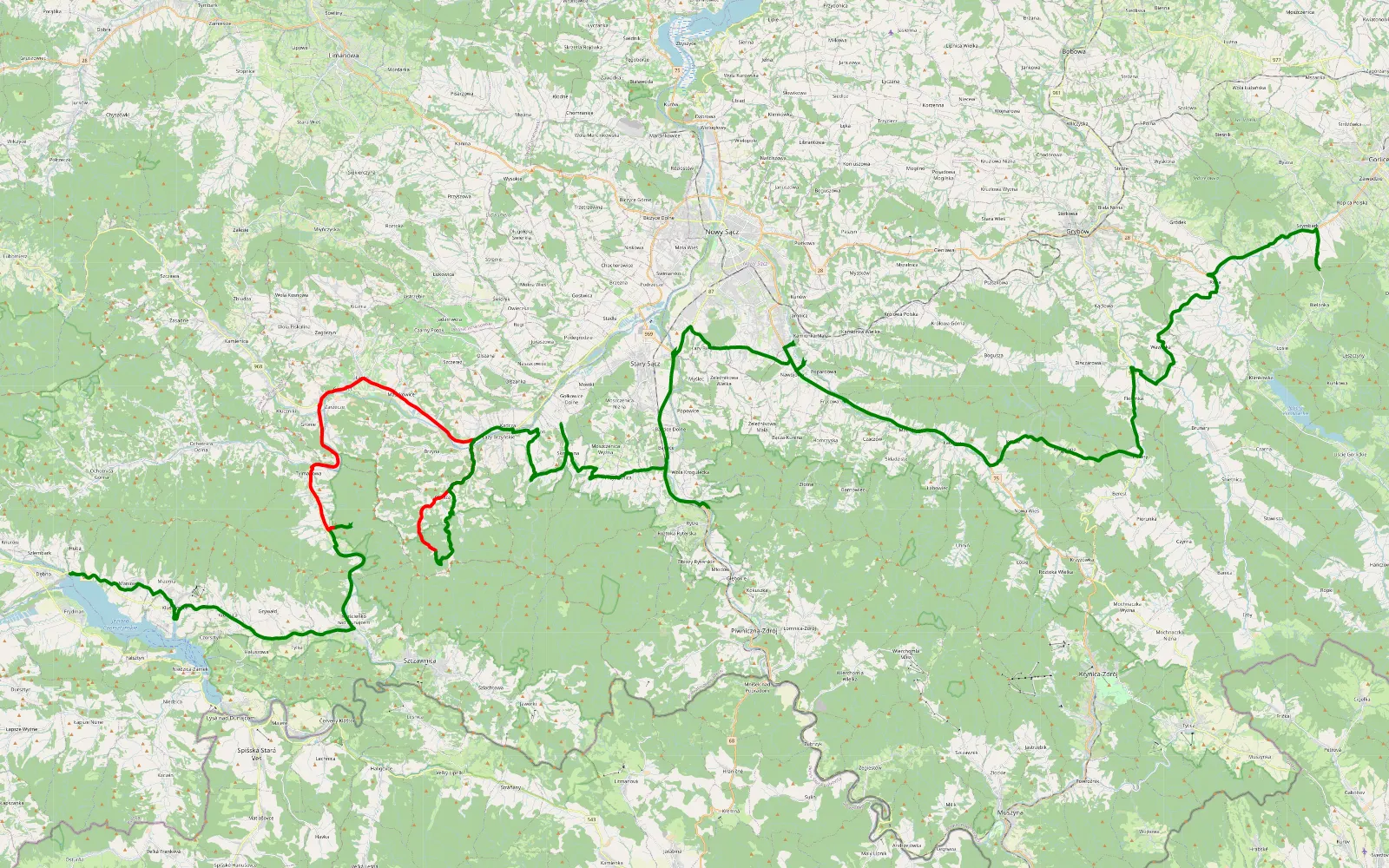 Mapa trasy Dębno - Bielanka - 31.9 km trasy offroad, Powiat Nowosądecki