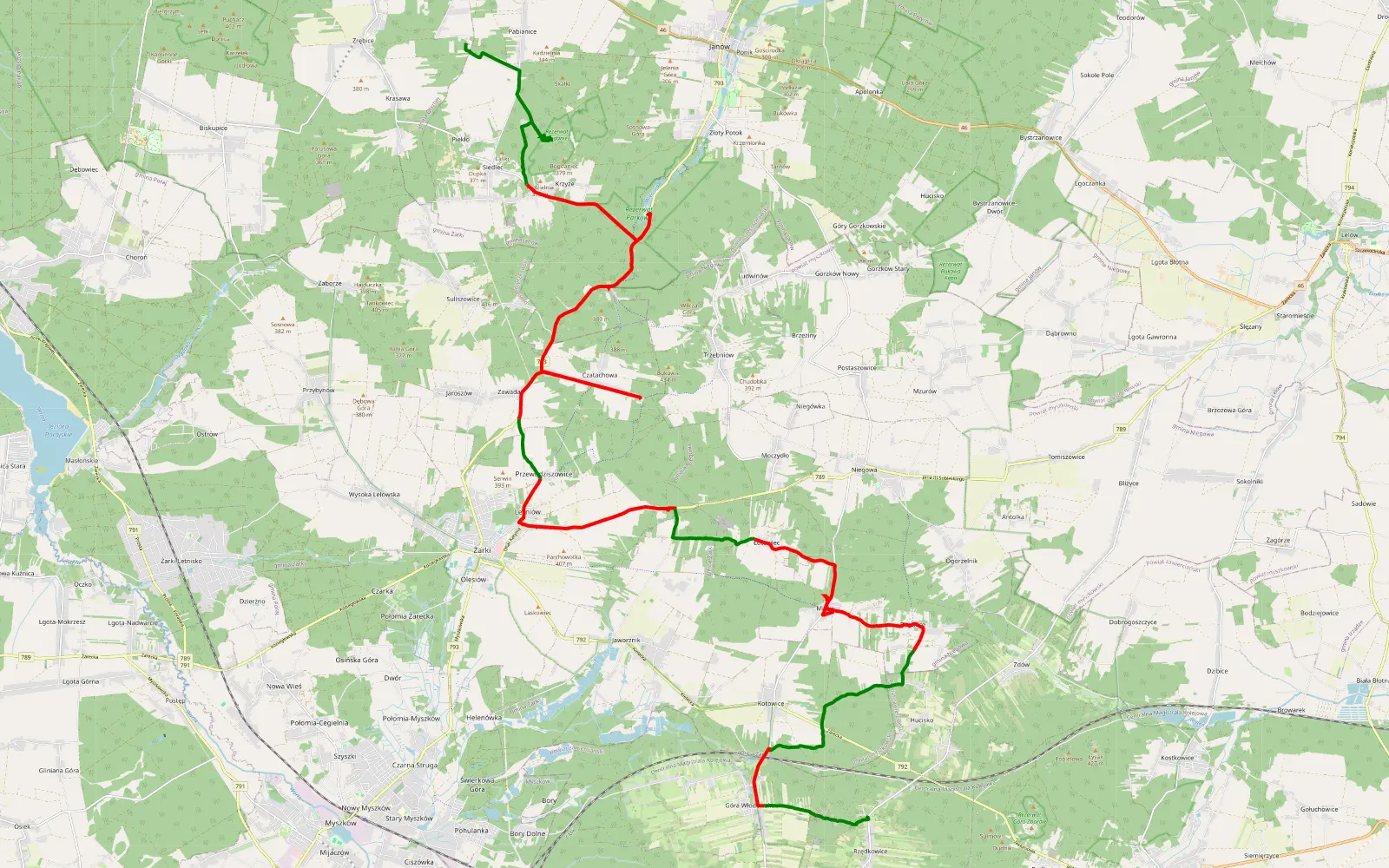 Mapa trasy Pabianice - Rzędkowice - 41.3 km trasy offroad, Powiat Myszkowski