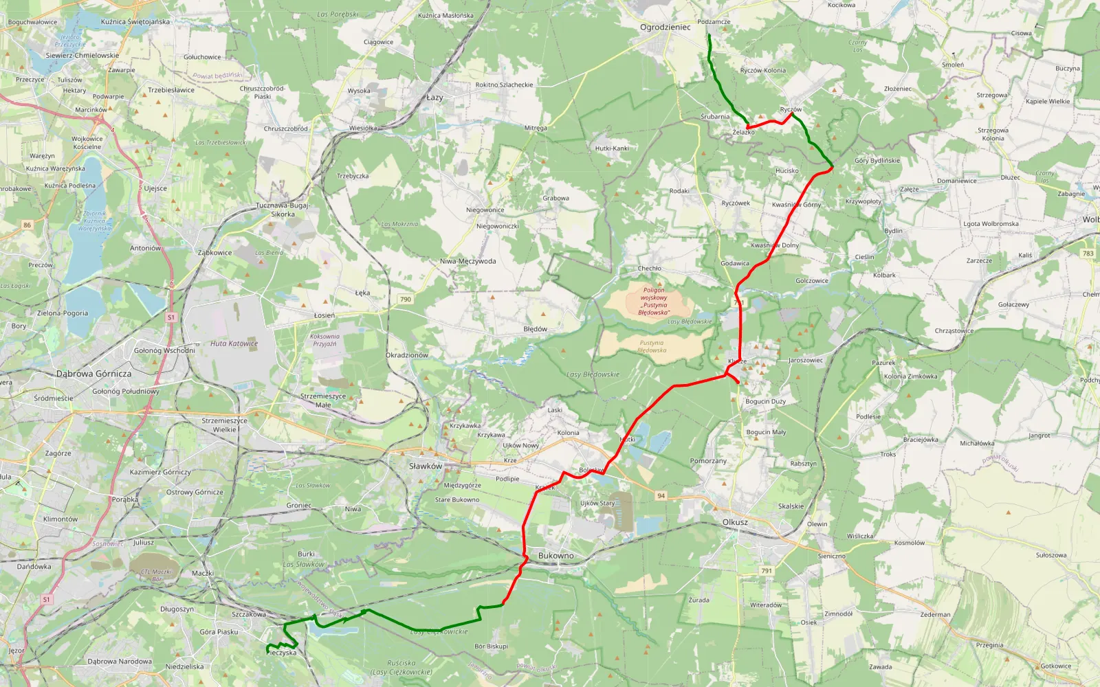 Mapa trasy Podzamcze - Szczakowa - 43.6 km trasy offroad, Powiat Olkuski