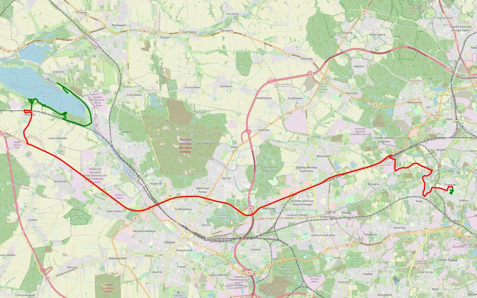 Map of Dzierżno - Orzegów - 43.1 km offroad trail, Gliwice County