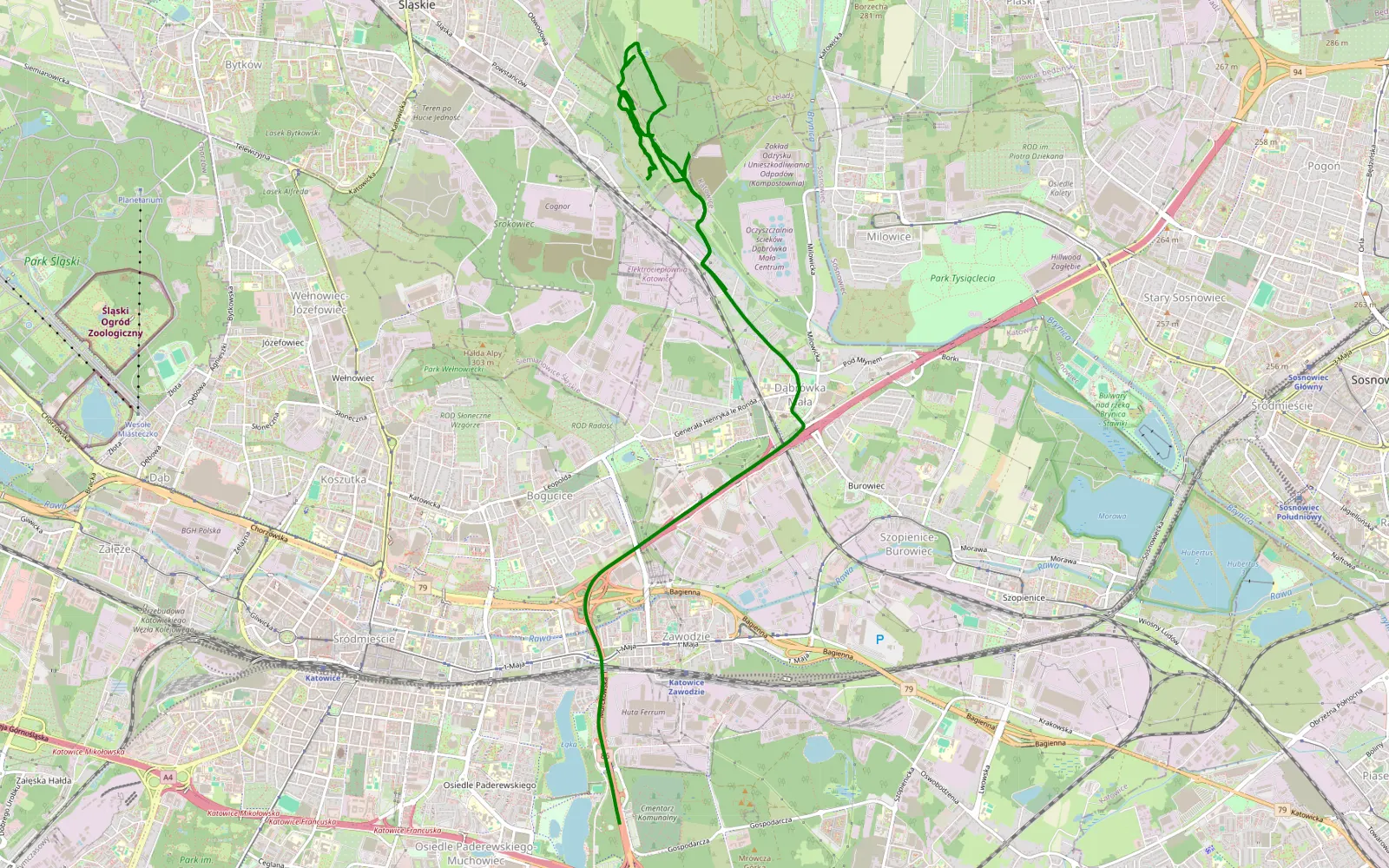 Mapa trasy Dąbrówka Mała - Zawodzie - 6.9 km trasy offroad, Siemianowice Śląskie