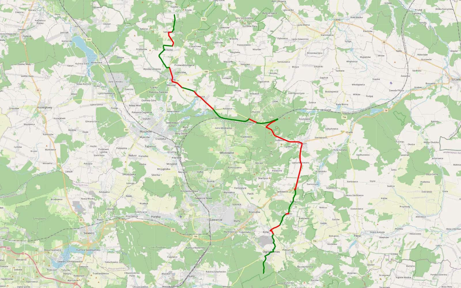 Mapa trasy Siedlec - Ogrodzieniec - 44.2 km trasy offroad, Powiat Zawierciański