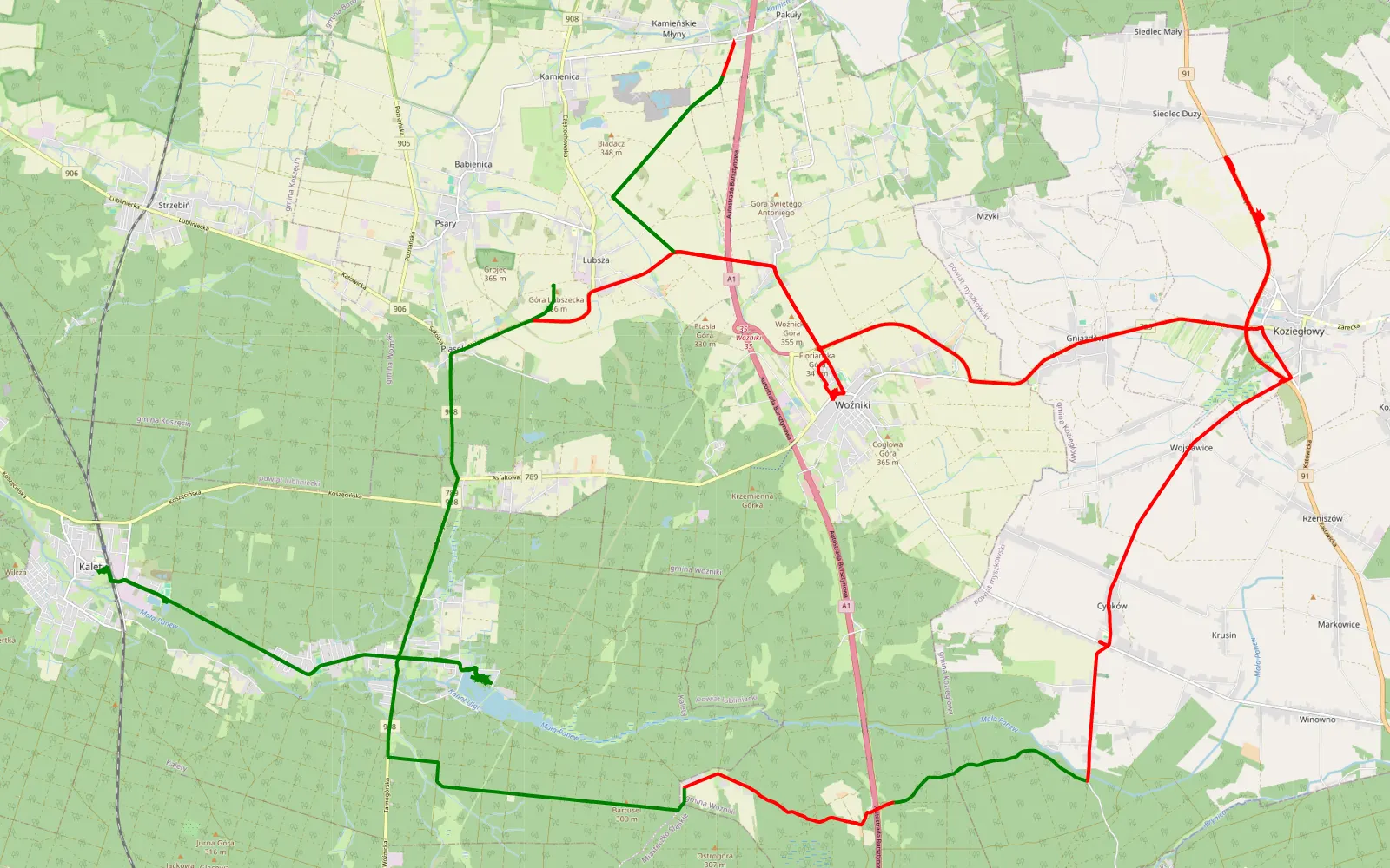 Mapa trasy Zielona - 65.4 km trasy offroad, Powiat Lubliniecki