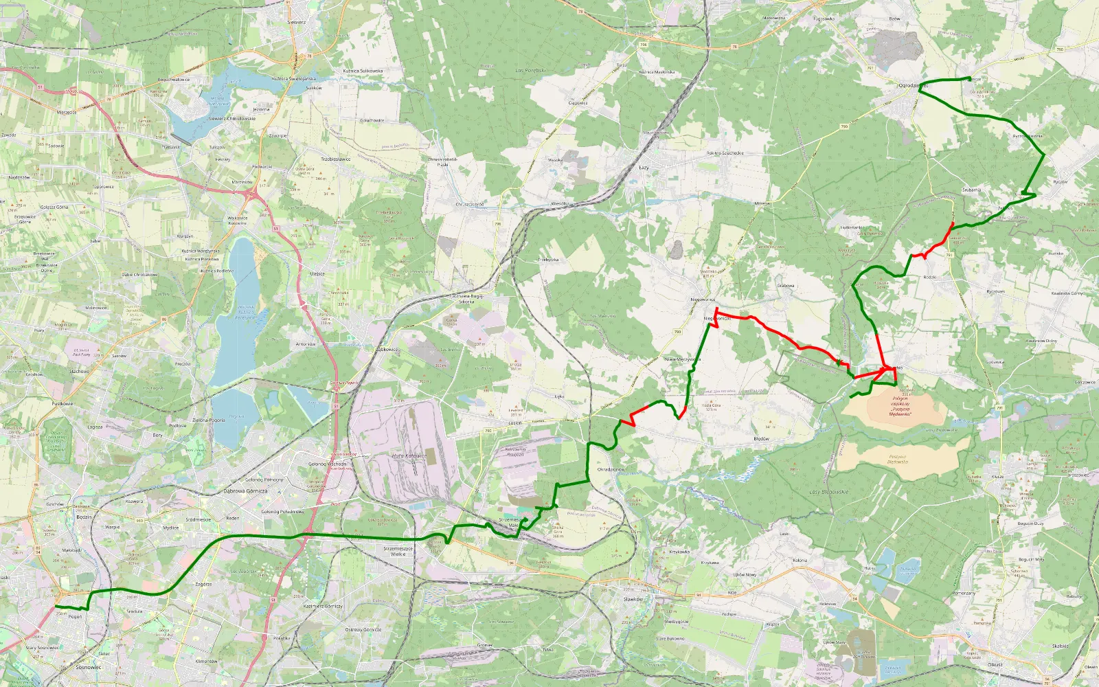 Mapa trasy Pogoń - Podzamcze - 38.8 km trasy offroad, Powiat Olkuski