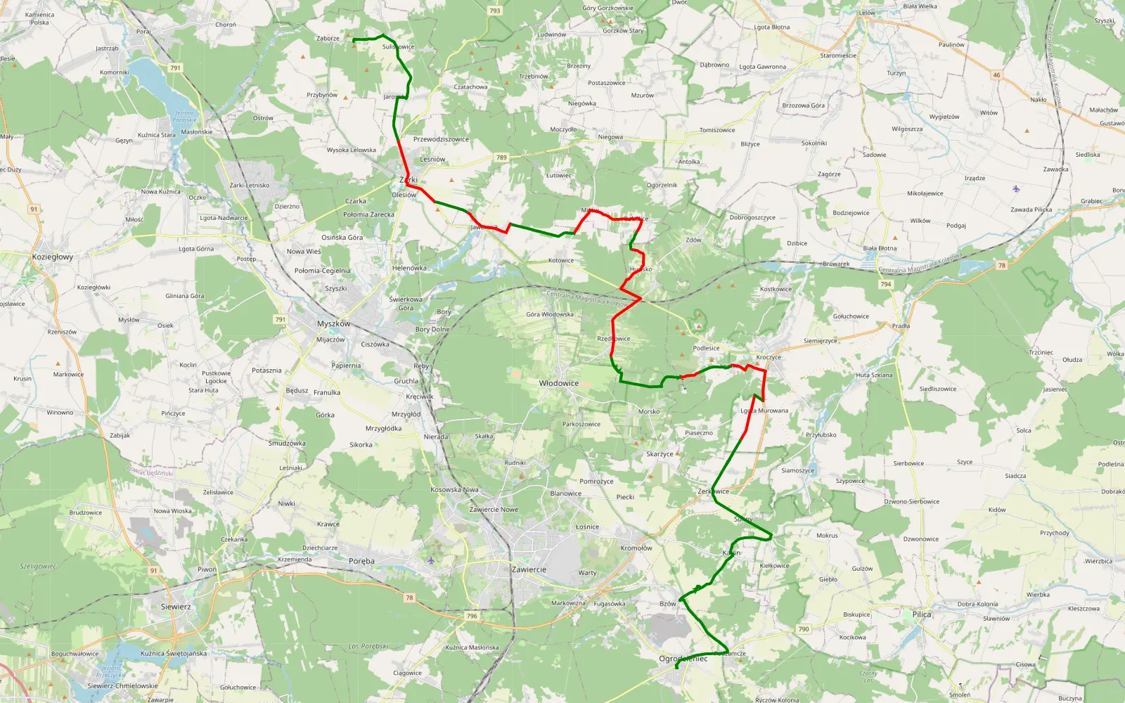 Mapa trasy Zaborze - Ogrodzieniec - 38.4 km trasy offroad, Powiat Zawierciański