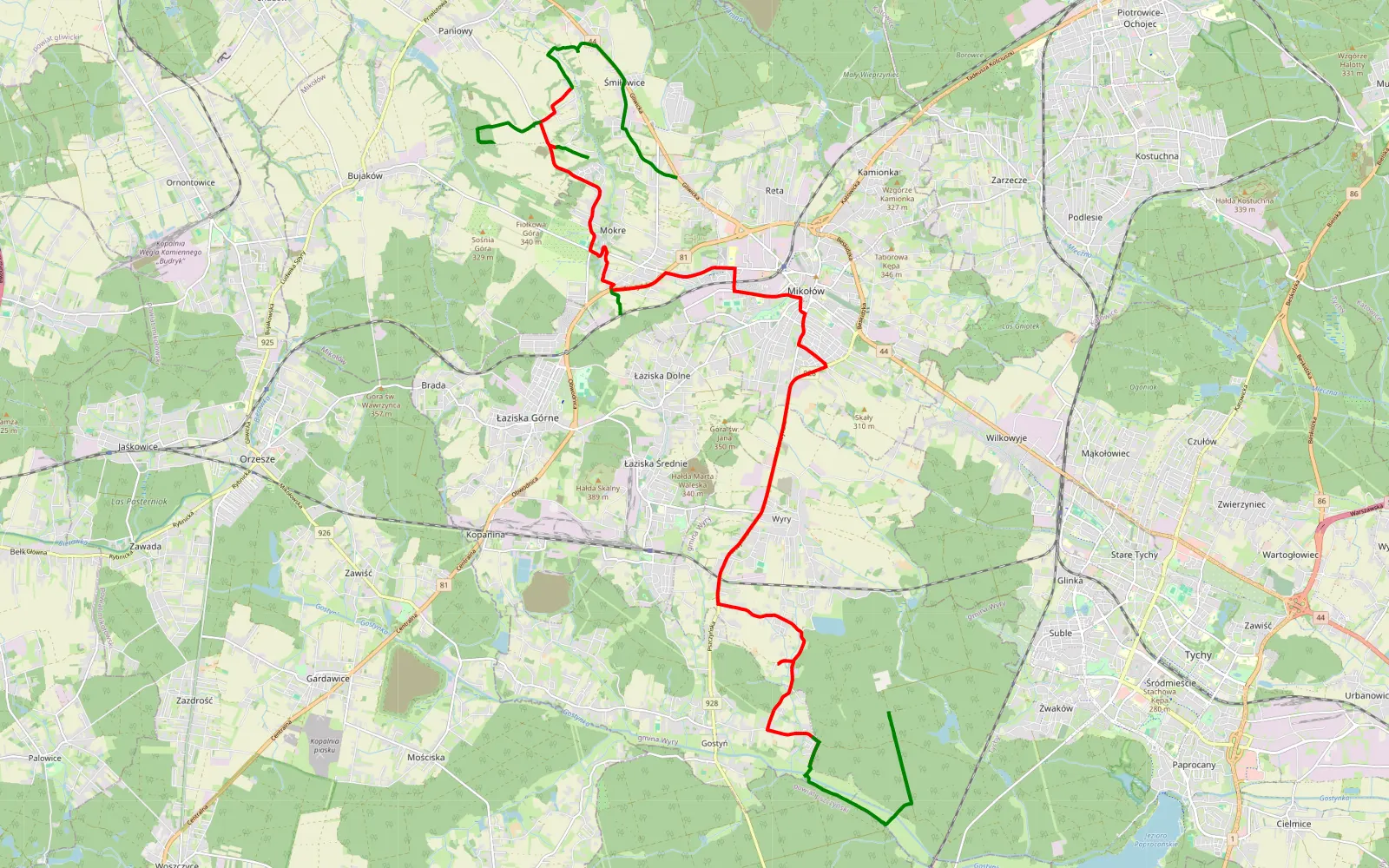 Map of Kotulowiec - Gostyń - 35.5 km offroad trail, Mikołów County