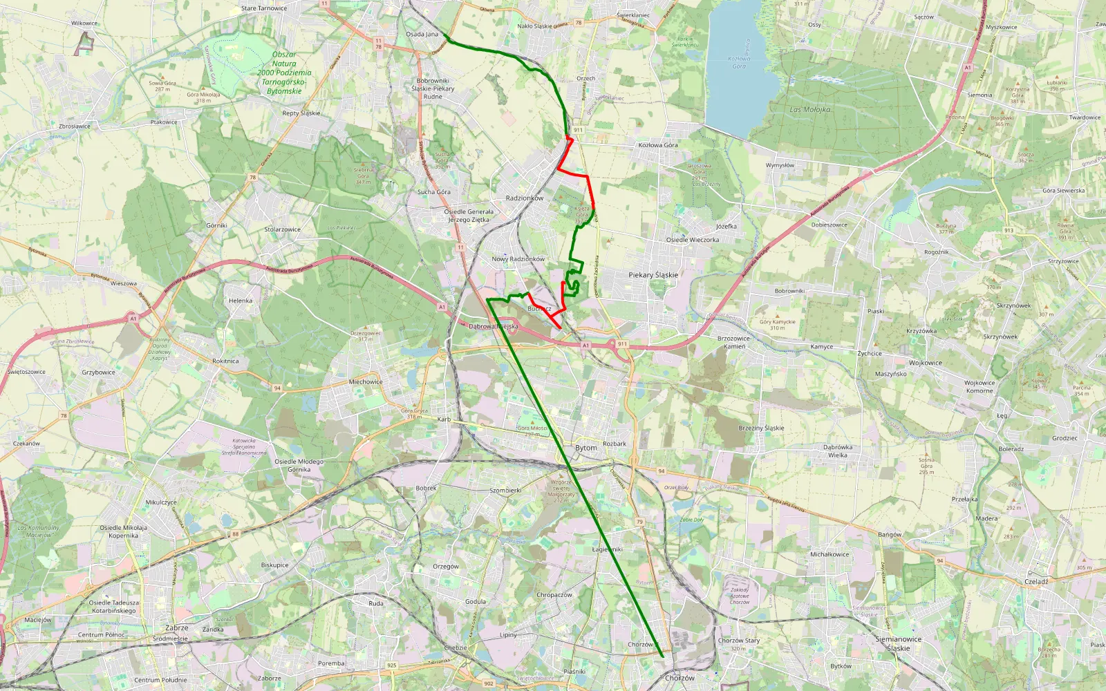 Map of Chorzów - 14.8 km offroad trail, Tarnowskie Góry County