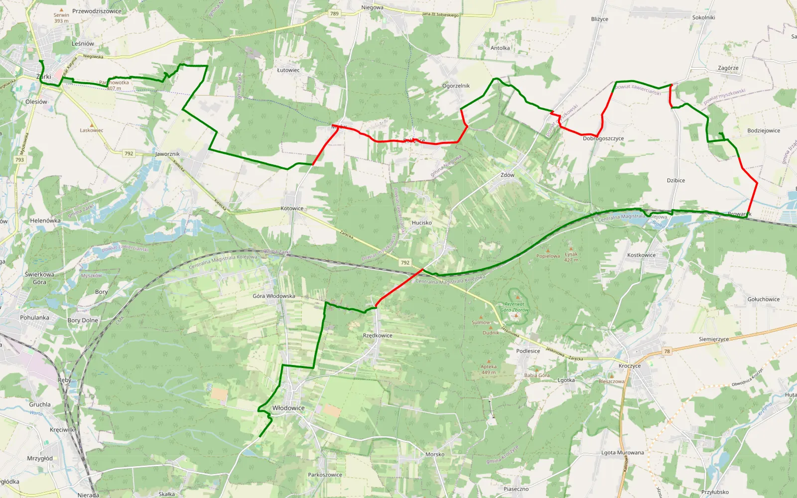 Mapa trasy Włodowice - Żarki - 43 km trasy offroad, Powiat Zawierciański