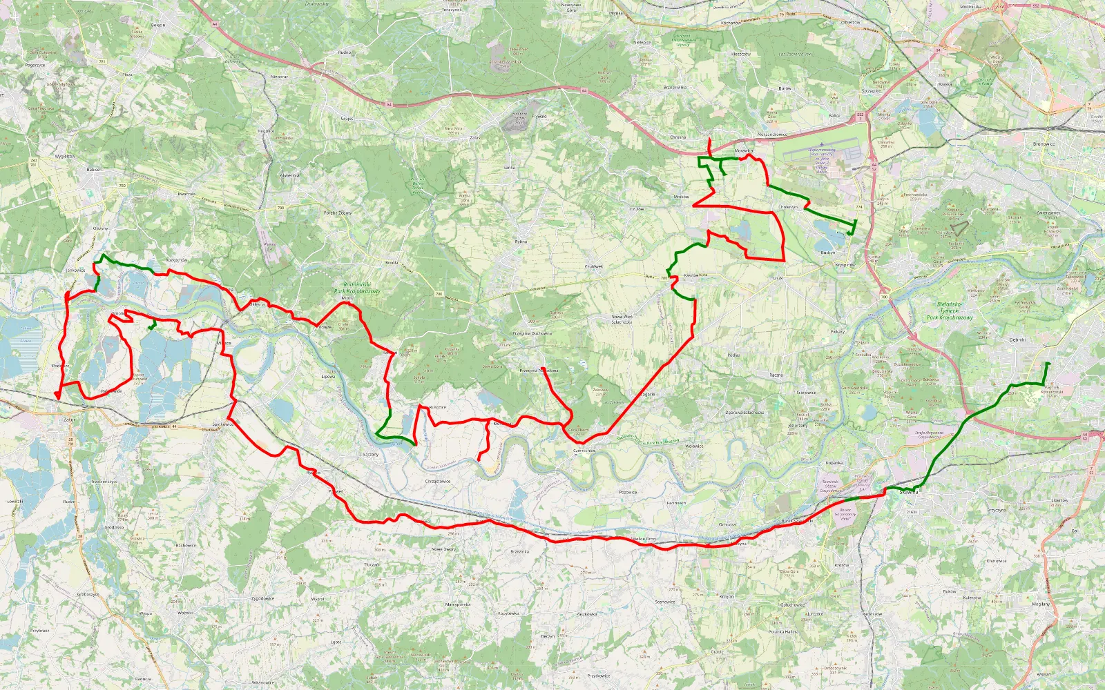 Mapa trasy Nocne przemasy - 112 km trasy offroad, Powiat Krakowski