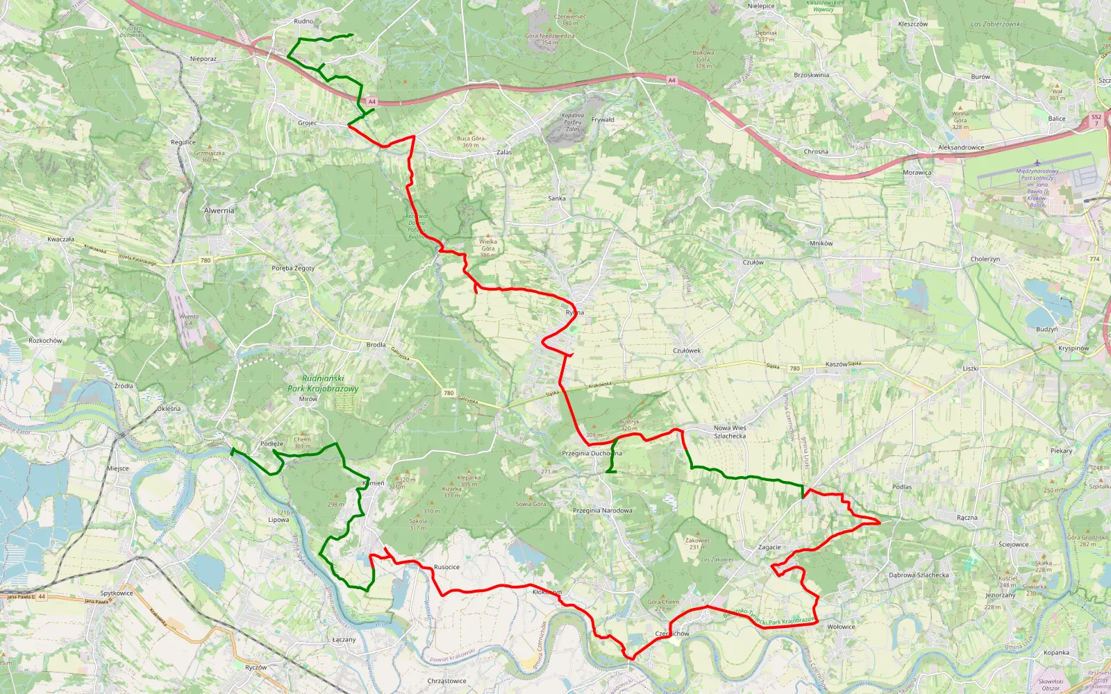 Map of Rudno - Przewóz - 44.7 km offroad trail, Kraków County